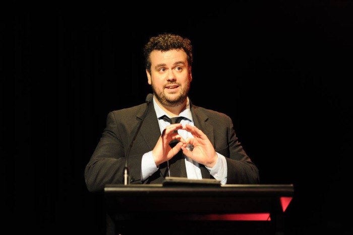Giving a speech on Australian films at the Australian Film Critics Associations Film and Writing Awards 2015 (photo credit: Ben Hellwig)